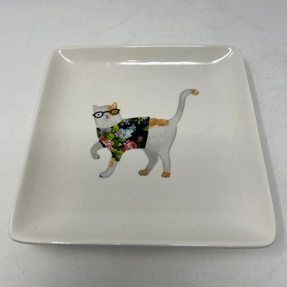 Magenta Ceramic Square Appetizer Plate Cat with Glasses Floral Shirt White 6